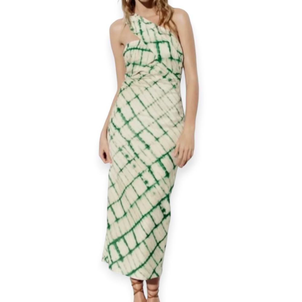 NWT Zara One Shoulder Printed Midi Dress Women’s Size Large Cream Green